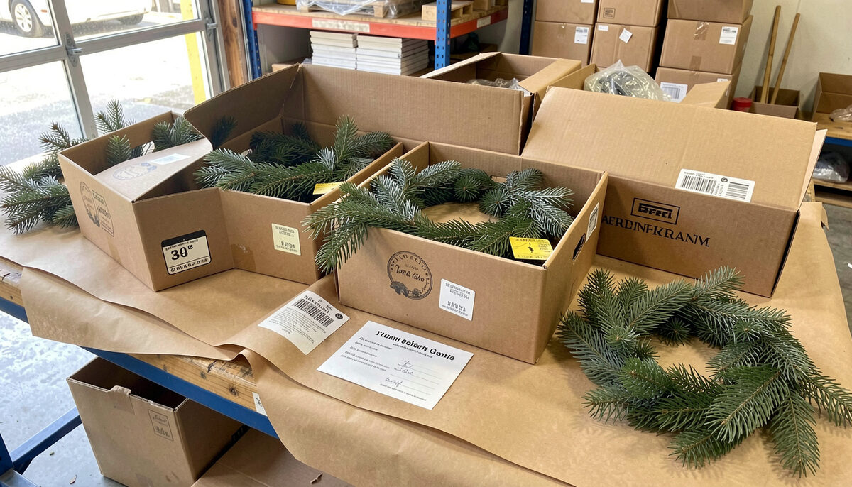 Several identical boxed evergreen wreaths on a shipping bench with kraft paper, address labels and a printed card, warehouse daylight.