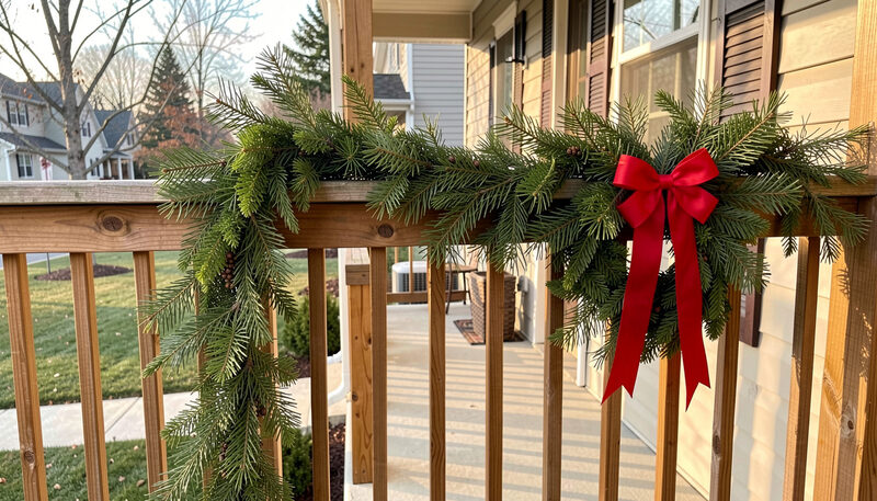 A long evergreen garland draped along a wooden porch railing with a swag of fir and a red bow beside it, morning light.