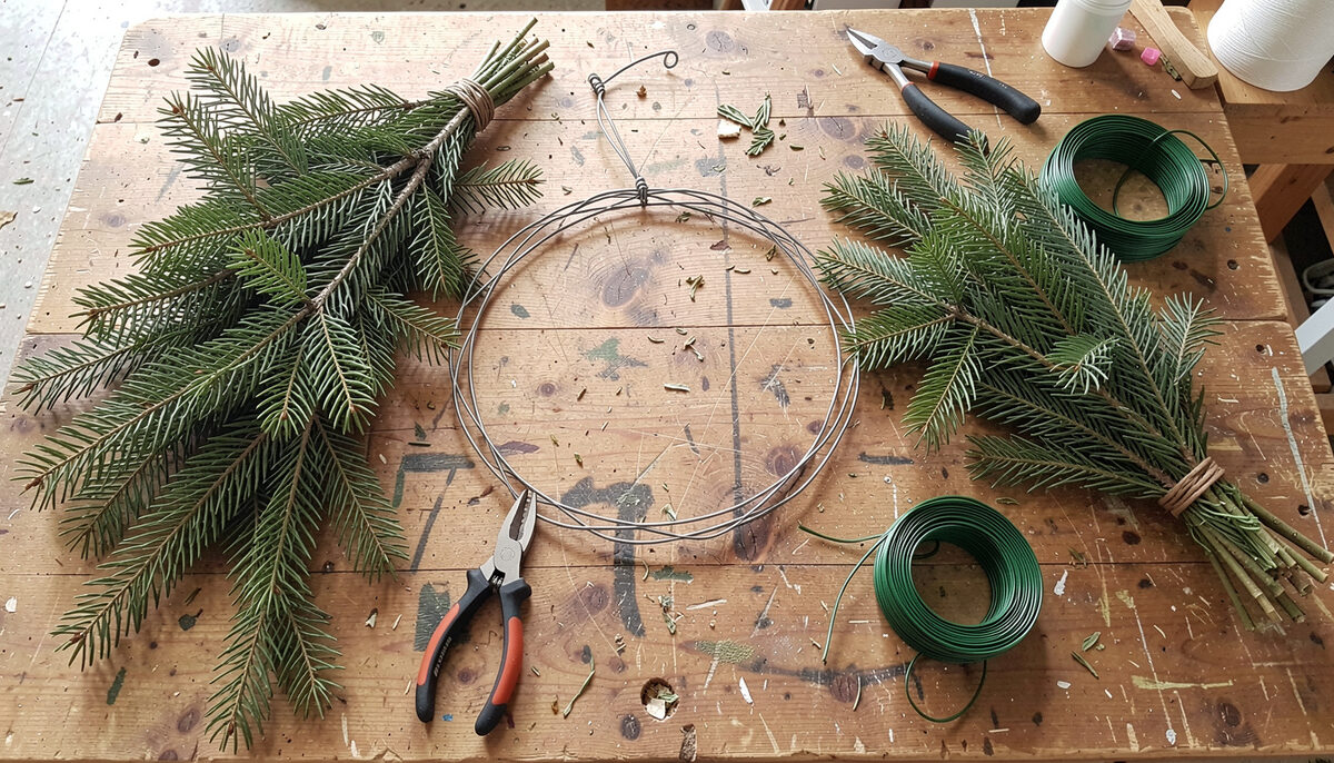 A workbench in a wreath workshop with a wire wreath frame, bundles of noble fir boughs, garden snips and a roll of green florist wire, seen from above in daylight.