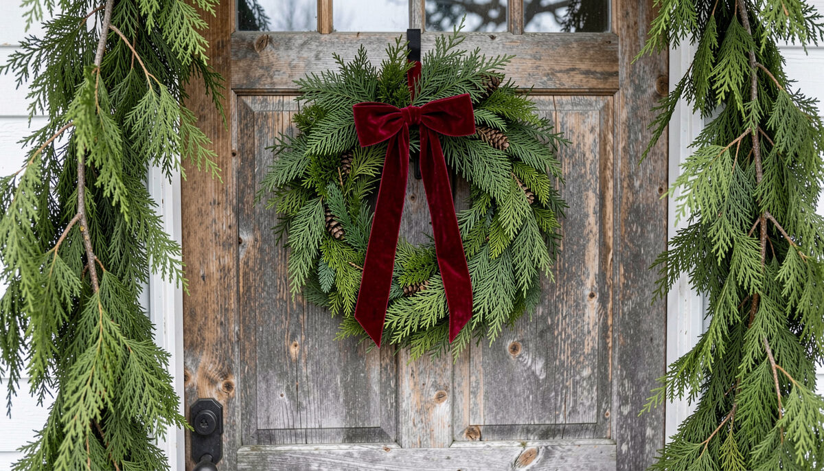 A finished fresh evergreen wreath with a red velvet bow on the weathered wooden door of a rural Pacific Northwest farmhouse, fir and cedar boughs framing the entry