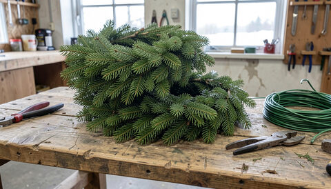 Two finished fresh evergreen wreaths stacked on a rough wooden bench beside garden snips and a coil of green wire