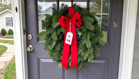 A single fresh evergreen wreath with a red bow on a painted front door seen from the garden path, a paper tag on the bow