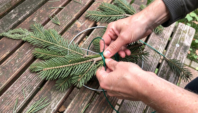 Close view of hands binding a bundle of fir boughs to a wire ring with green florist wire, pine needles scattered on a wooden bench.