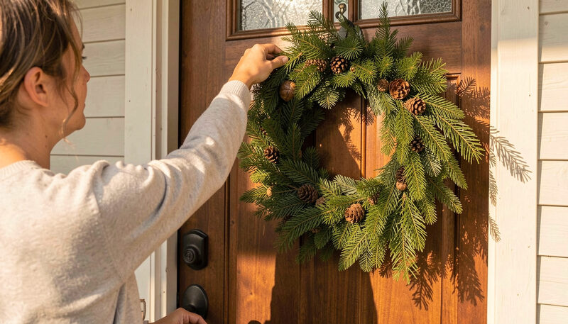 A person reaching up to place an over-the-door wreath hanger on a front door, a fresh wreath in the other hand, afternoon light.