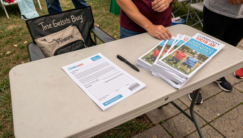 A folding table with a paper order form, a pen and a stack of wreath brochures at a community fundraiser sign-up table.