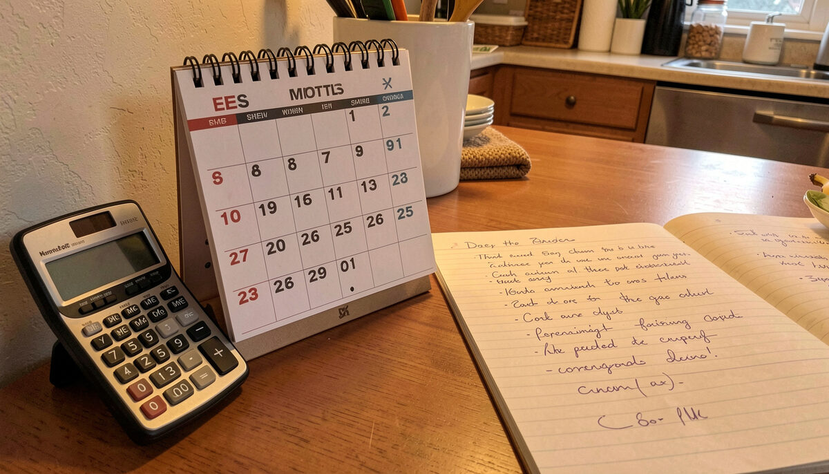 A wall calendar and a calculator on a kitchen table beside a notebook of wreath orders, warm indoor light.